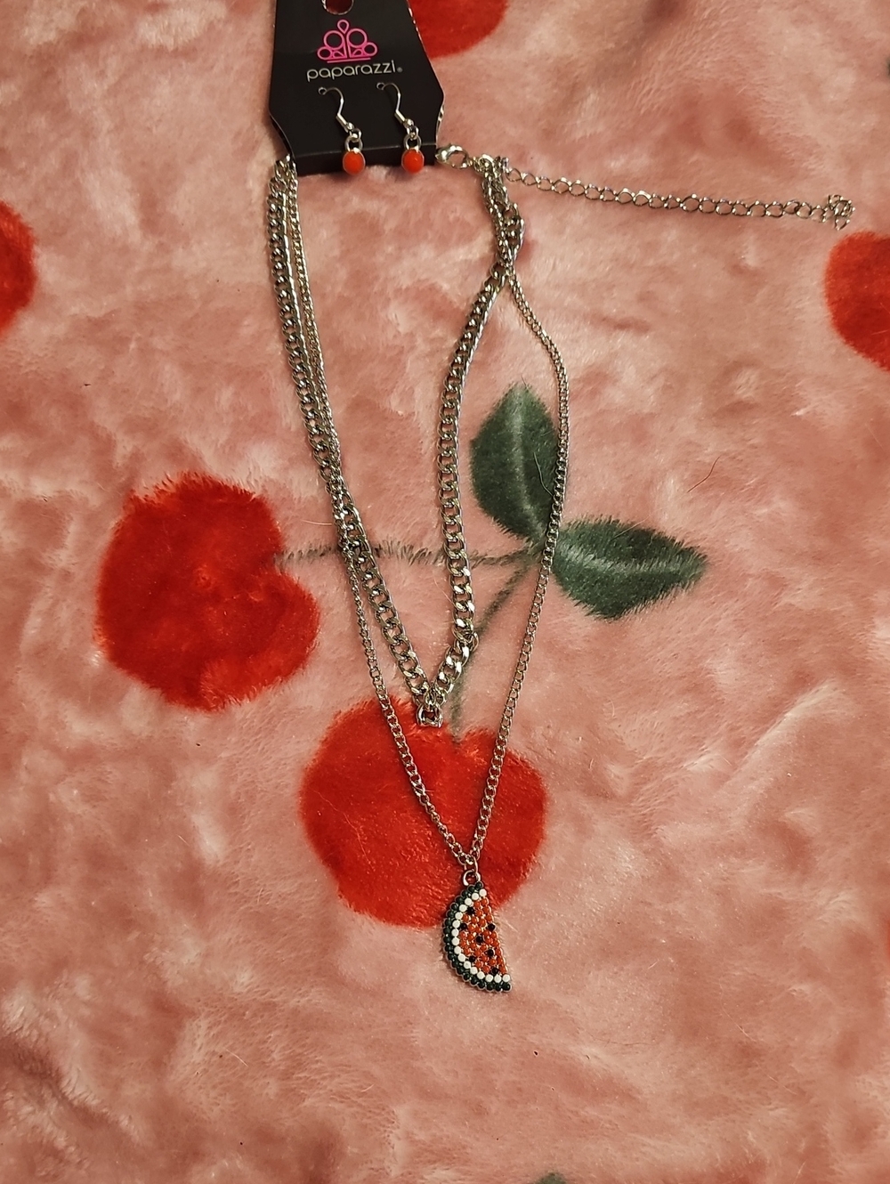 Paparazzi Silver Layered Necklace Set with Orange Watermelon Pendant